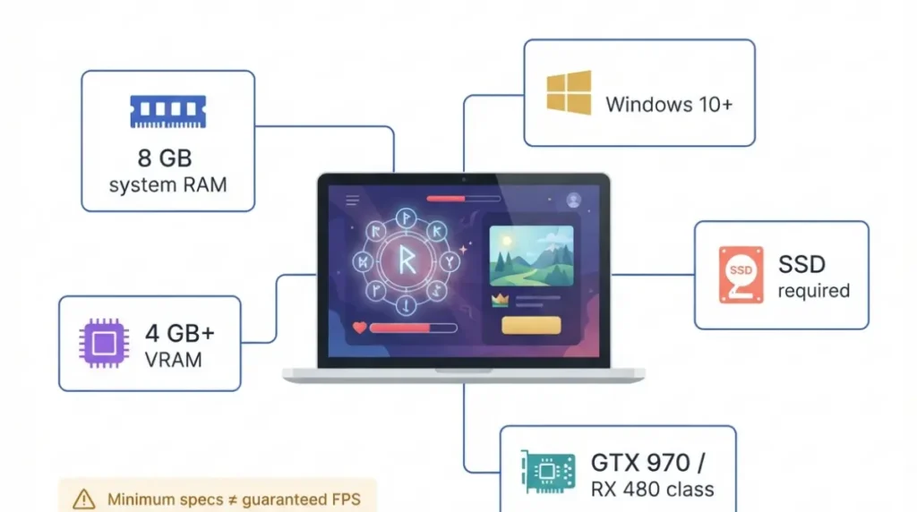 Low-End PC requirements checklist showing BG3 RAM, VRAM, GPU, Windows, and SSD requirements.