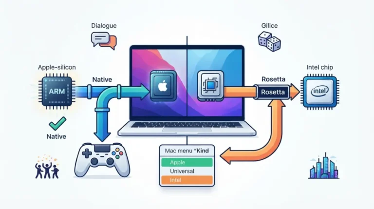 Baldur's Gate 3 Mac compatibility illustration comparing native Apple silicon games with Intel games running through Rosetta