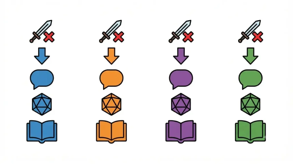 Vector diagram showing how four games replace Baldur's Gate 3 combat with dialogue, dice, and text