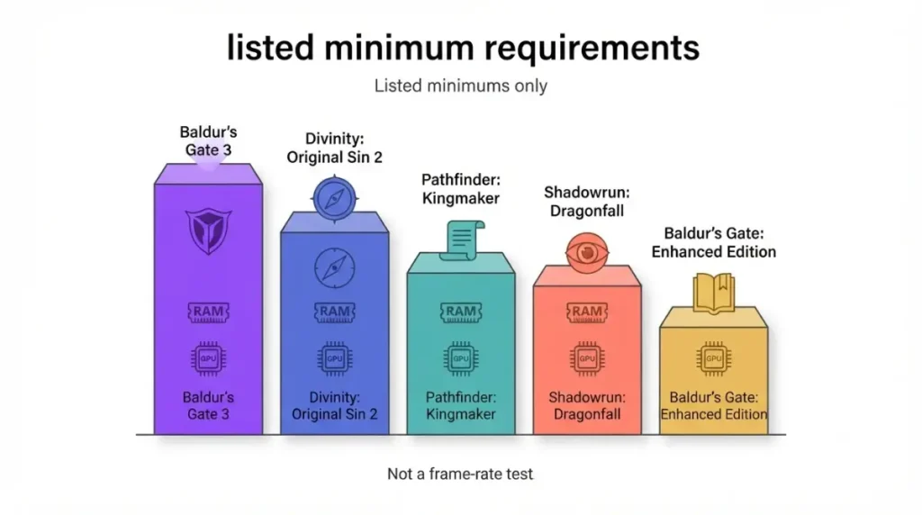 Low-End PC comparison ladder showing listed minimum requirements for BG3 and four similar RPGs.