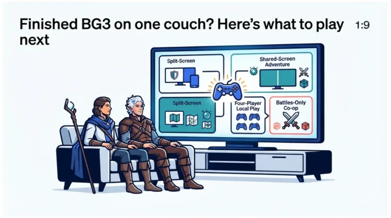Screen showing Baldur's Gate 3 couch co-op alternatives with split-screen and shared-screen RPG paths