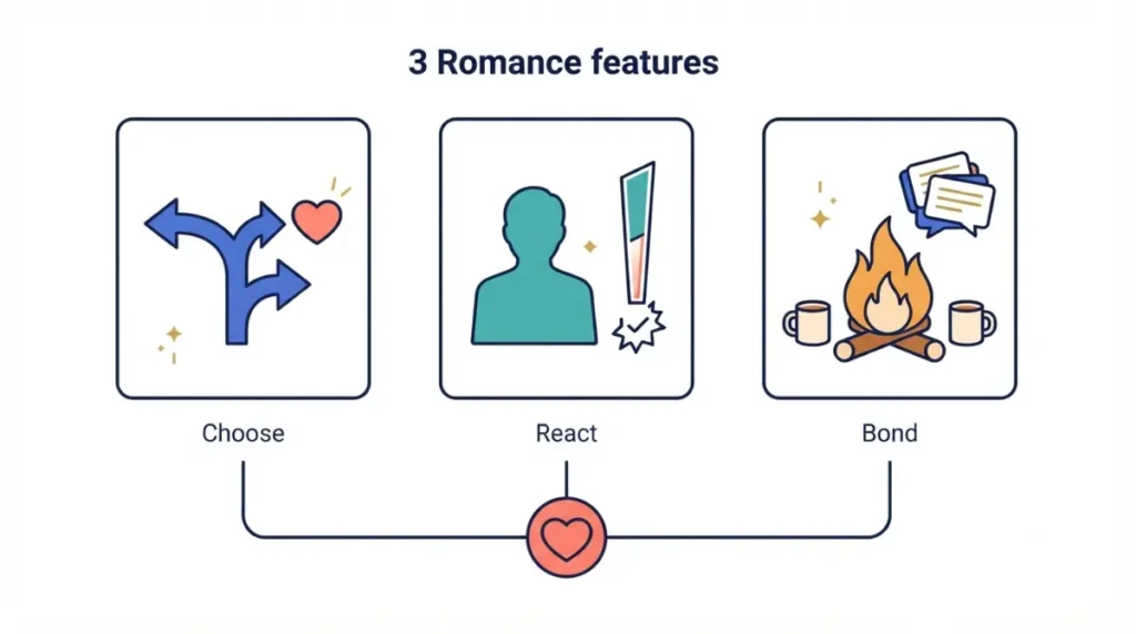 BG3-style romance RPG criteria showing player choice, companion reactions, and relationship-building downtime