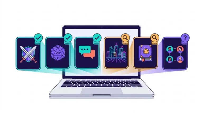 Vector guide to six Baldur’s Gate 3-style RPGs for Mac, showing which games have native Apple silicon support and which need a compatibility check.