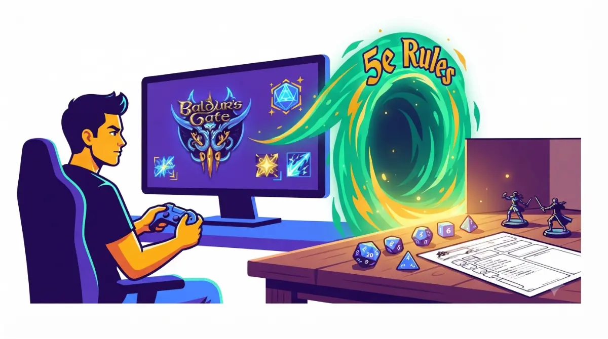Vector illustration showing transition from Baldur's Gate 3 gameplay to D&D 5e rules in video Games