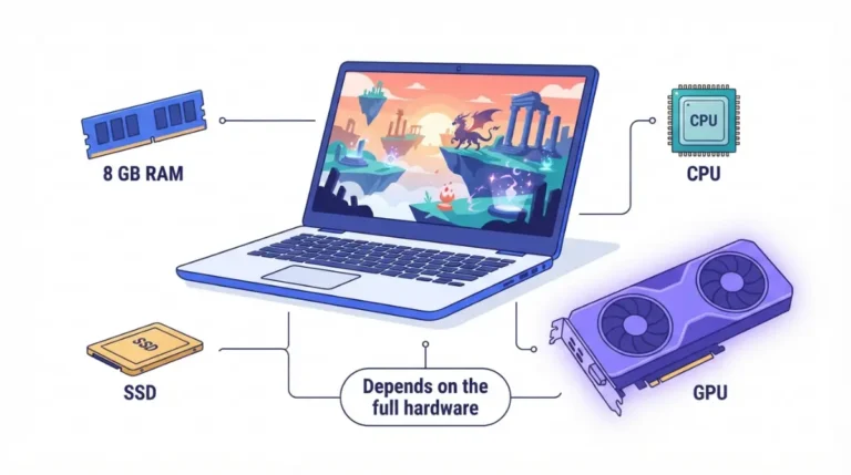 Low-End PC laptop with 8 GB RAM, GPU, CPU, and SSD callouts showing that BG3 depends on full hardware.