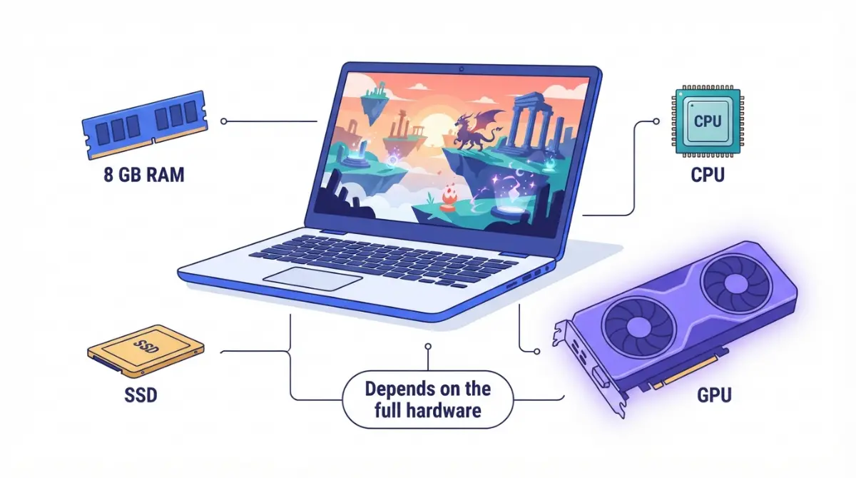 Low-End PC laptop with 8 GB RAM, GPU, CPU, and SSD callouts showing that BG3 depends on full hardware.