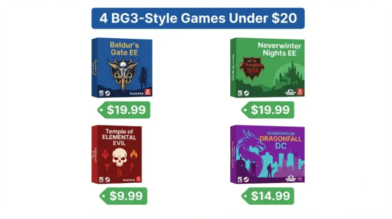 “Four cheap games like Baldur’s Gate 3 illustrated as game boxes with price tags under $20 on white background”