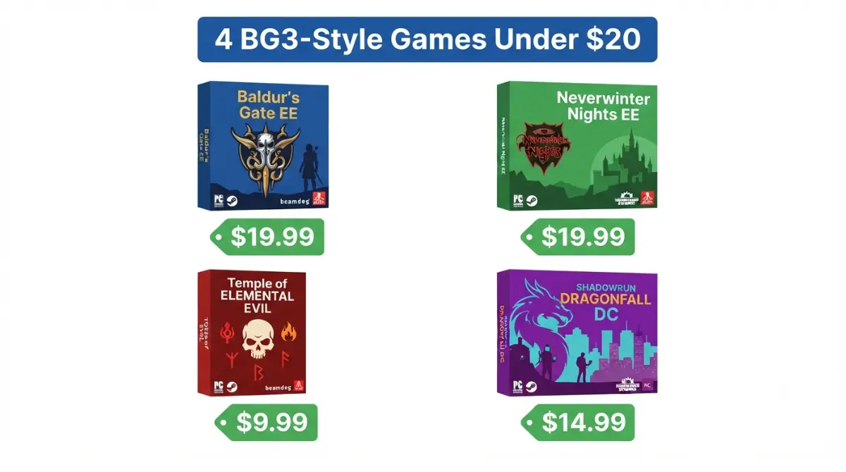 “Four cheap games like Baldur’s Gate 3 illustrated as game boxes with price tags under $20 on white background”