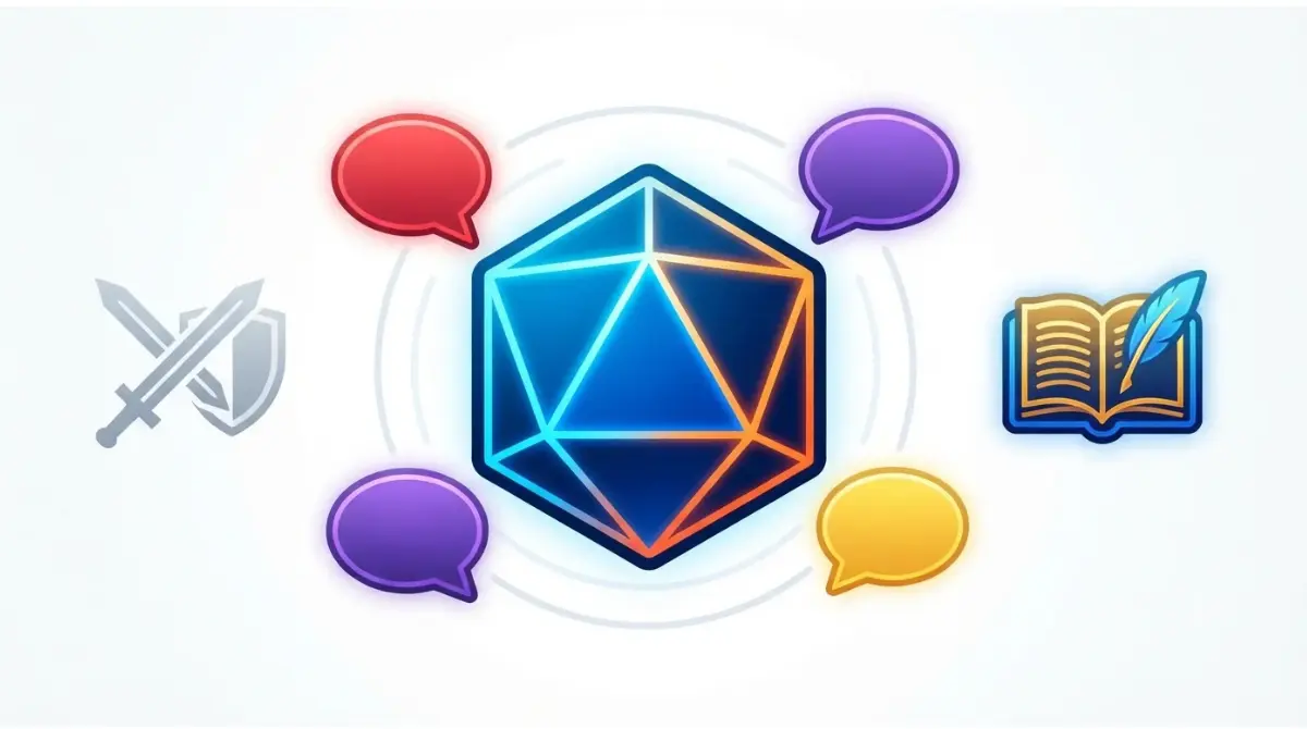 Vector illustration showing dialogue bubbles and dice replacing swords and shields for Baldur's Gate 3 alternatives