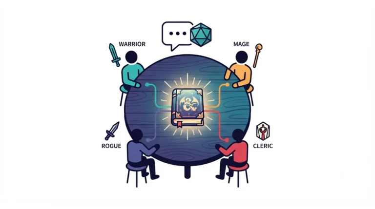 Vector illustration of four players around a table connected to a glowing rulebook, representing co-op RPGs that play like Baldur's Gate 3