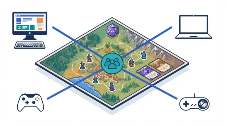 Baldur's Gate 3 style crossplay RPG party map connecting PC, Mac, PlayStation and Xbox devices