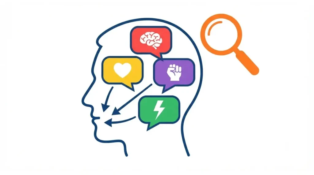 Vector illustration of a detective's head with colorful skill icons speaking as inner voices in a Baldur's Gate 3 alternative