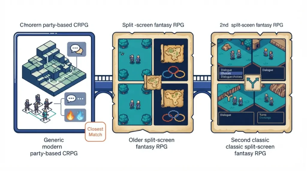 Screen showing Baldur's Gate 3 and Divinity couch RPG similarities through split-screen exploration and tactical combat