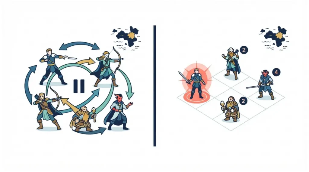 Easy CRPG for Beginners comparison showing real-time-with-pause and turn-based combat modes in a party RPG