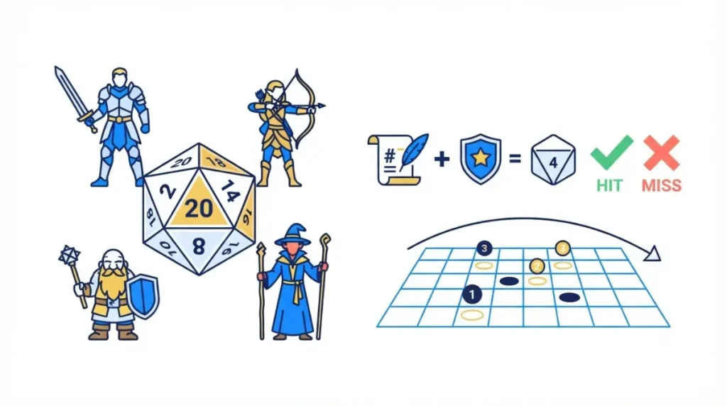 Easy CRPG for Beginners illustration showing visible dice rolls, modifiers, initiative, and tactical positioning in Solasta
