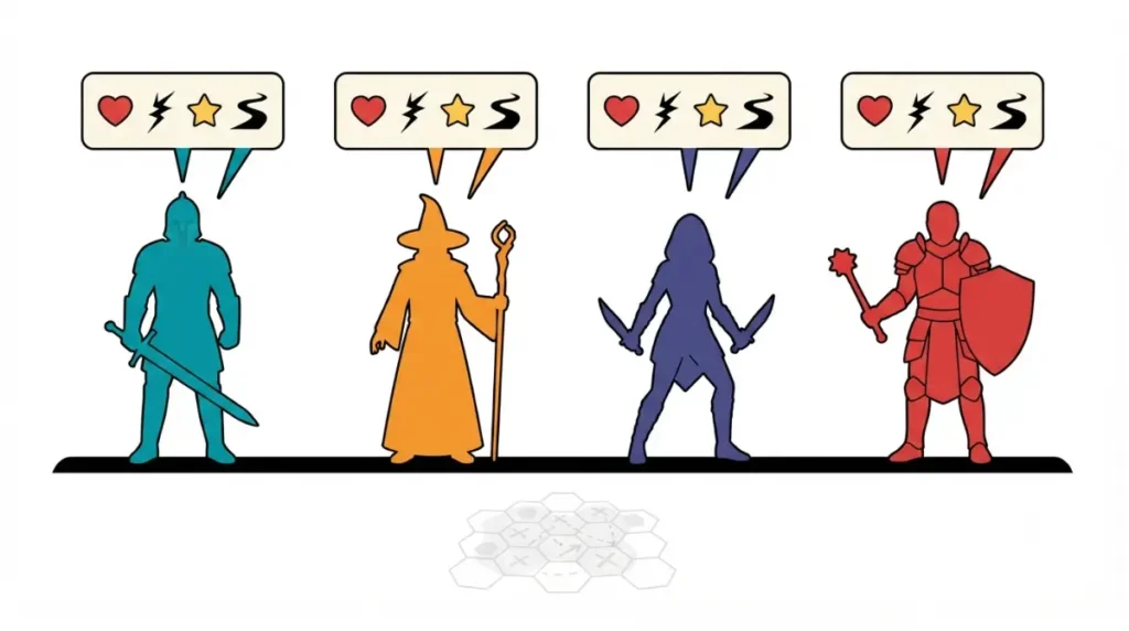 Vector illustration showing four players each owning their character's story in co-op RPGs like Baldur's Gate 3