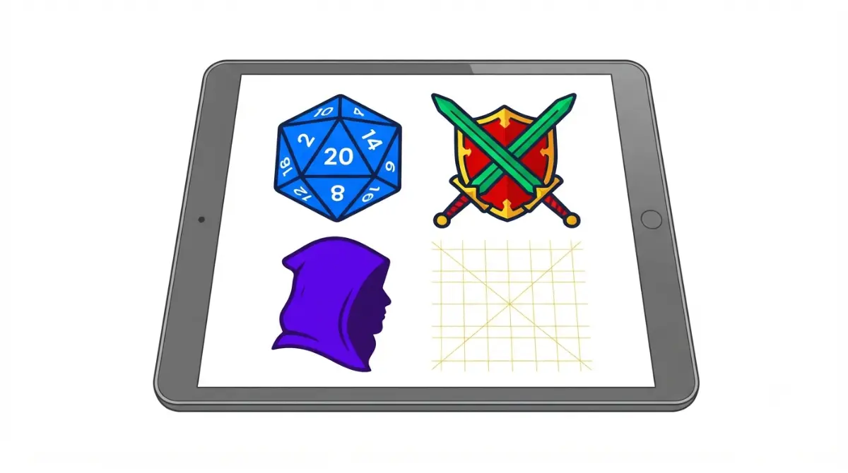 Featured vector illustration of iPad showing Baldur's Gate 3-style game elements on pure white background