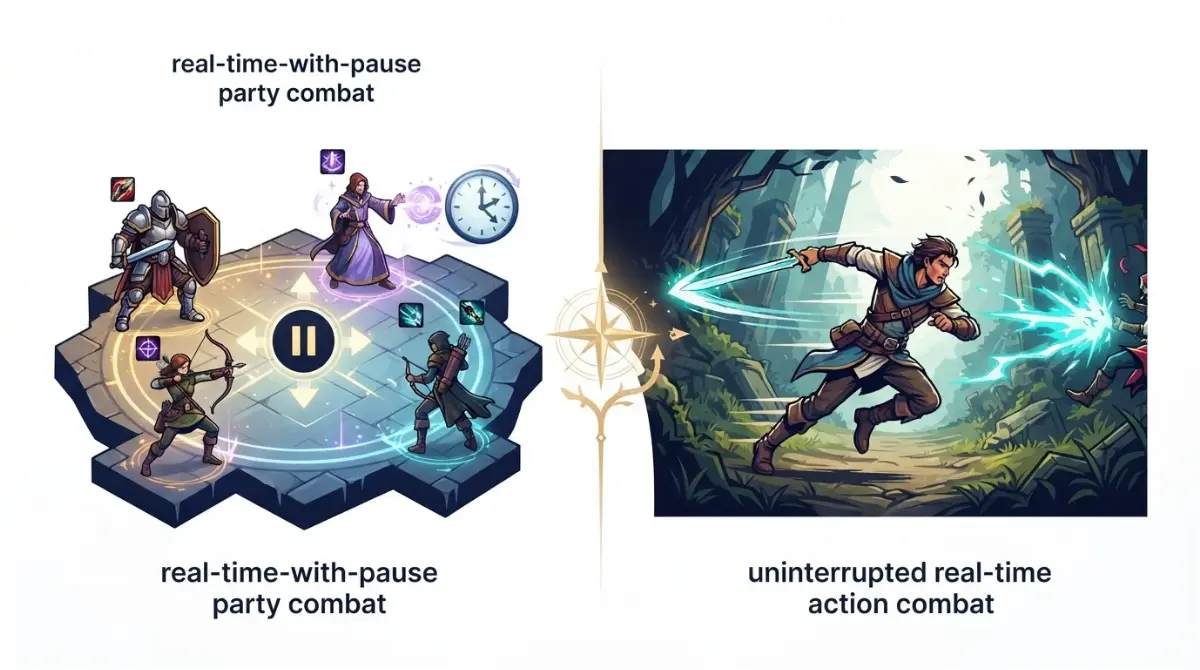 Baldur's Gate 3 players choosing between paused tactical party combat and real-time action combat
