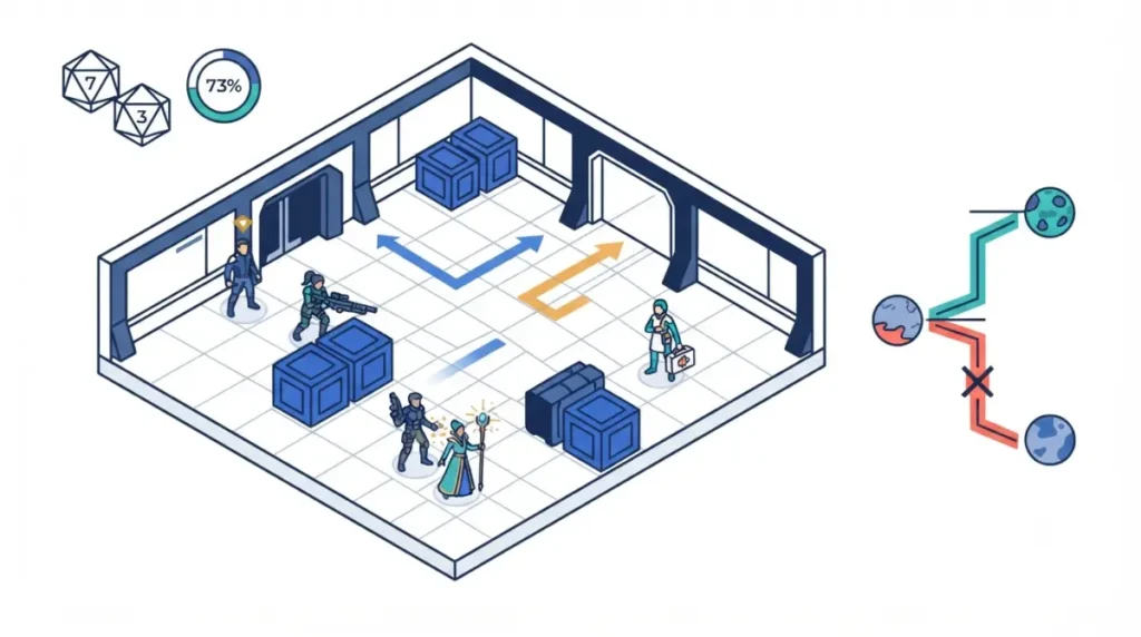 Baldur's Gate 3 style sci-fi tactical party using cover, movement routes, dice probability, and branching planet choices in a vector illustration