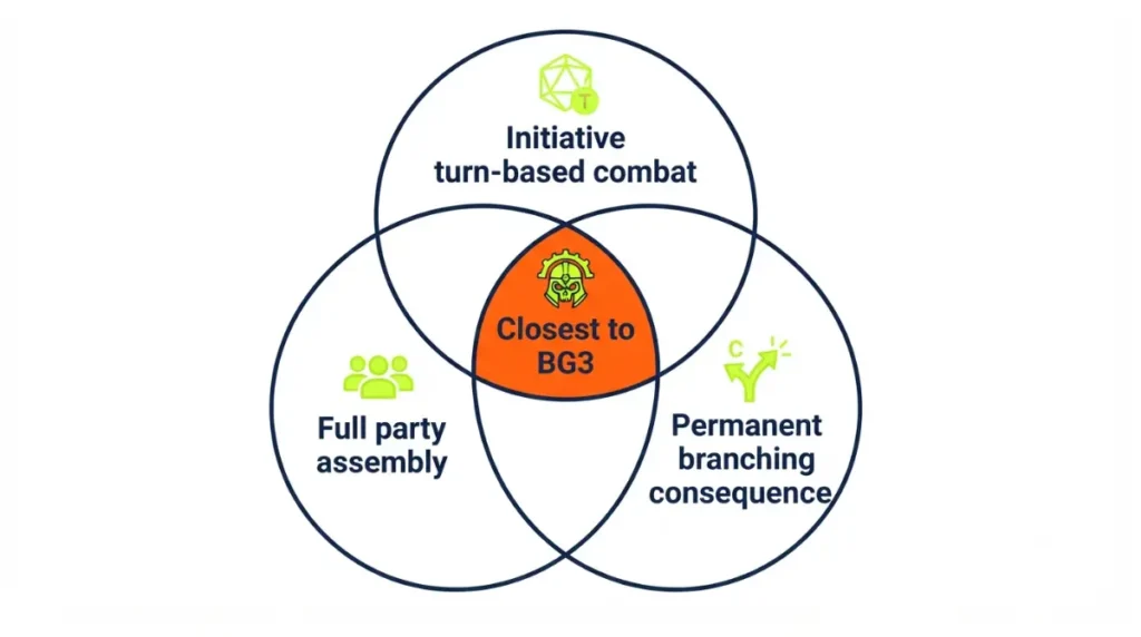 Venn diagram comparing Rogue Trader and Baldur's Gate 3 systems on Game Pass, highlighting initiative combat, party assembly, and branching consequence.