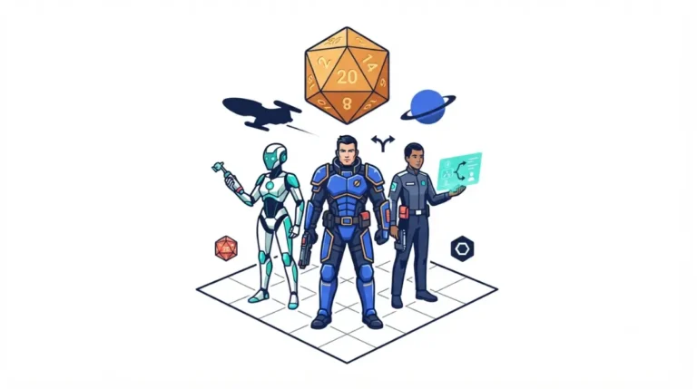 Baldur's Gate 3 inspired sci-fi RPG party standing on an isometric tactical grid beneath a floating orange twenty-sided die and a starship