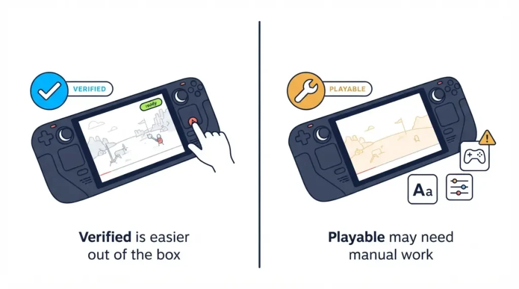 Baldur's Gate 3-style Steam Deck guide explaining the difference between Verified and Playable game ratings