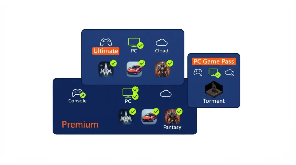 Infographic of Xbox Game Pass tiers (Premium, Ultimate, PC Game Pass) with four RPG picks placed on the tiers they belong to on Game Pass.