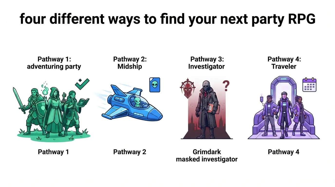 Upcoming Games Like Baldur's Gate 3 shown as four RPG paths: fantasy party, sci-fi crew, grimdark investigators, and futuristic companions
