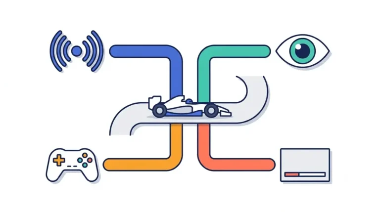 Accessible racing games sorted by blind, low-vision, motor, and deaf player needs, shown as a branching decision illustration.