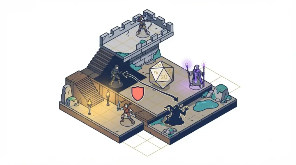 Baldur's Gate 3 comparison showing Solasta tactical combat with height, light, positioning, and a twenty-sided die