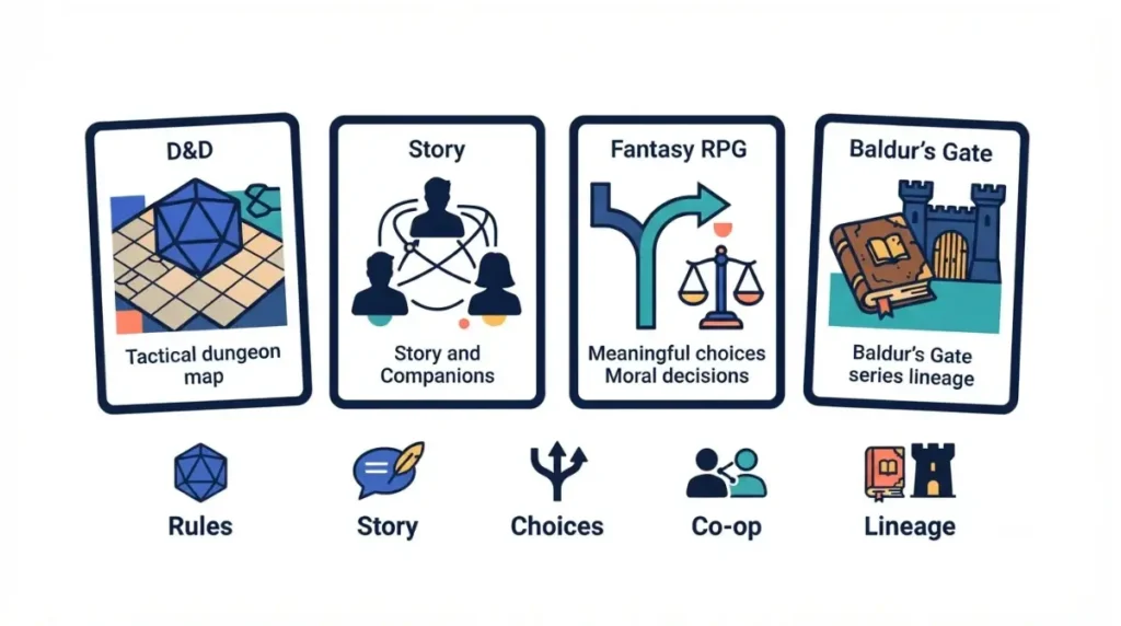 BG3 alternatives compared by tabletop rules, companion stories, moral choices, co-op features, and classic series lineage