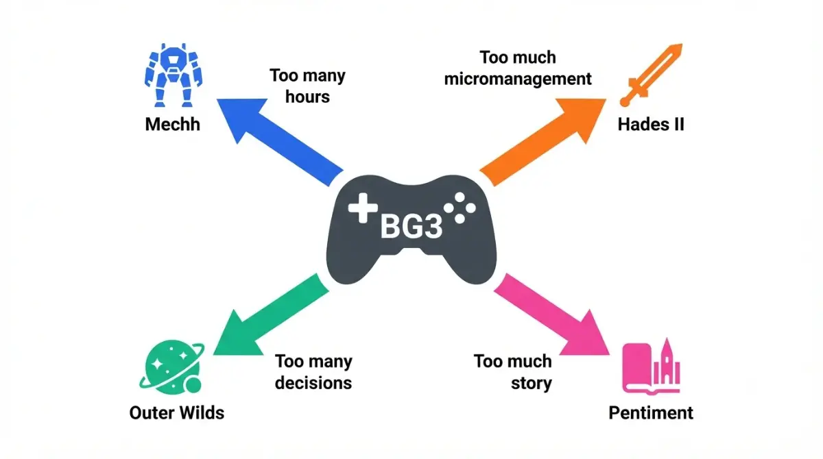 Vector illustration showing Baldur's Gate 3 Burnout types matched to game fixes