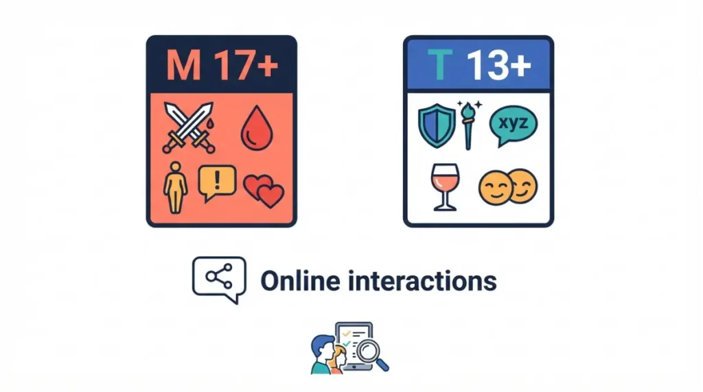 BG3 ESRB Mature 17+ rating compared with Teen 13+ content descriptors and separate online interaction guidance