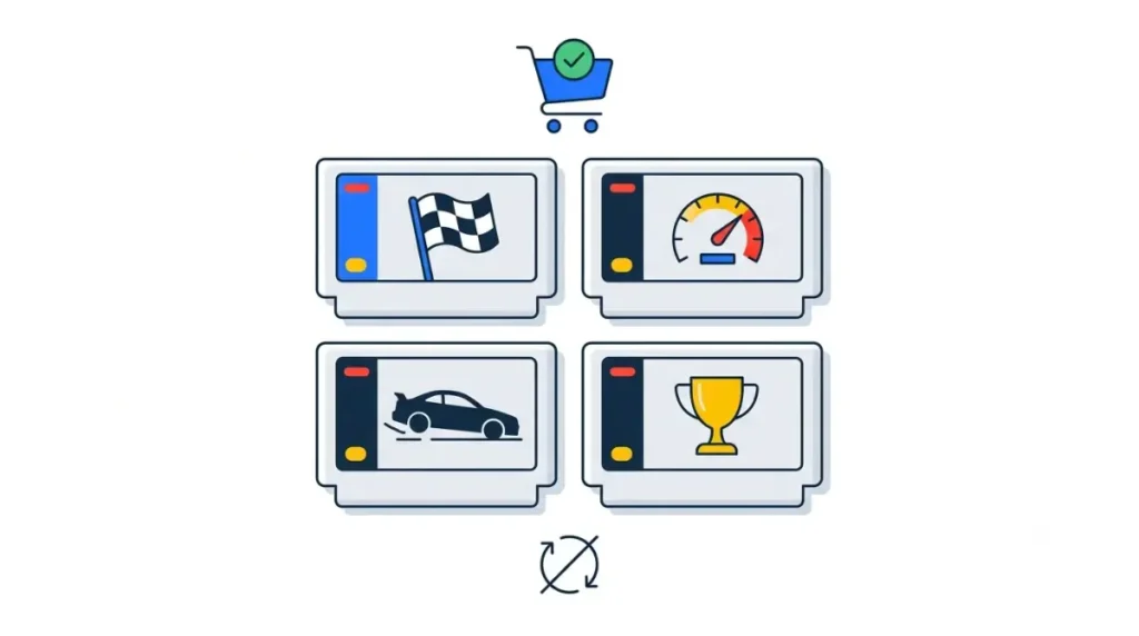 Classic Car Games on Console available as one-time digital purchases, including Ridge Racer, Out Run, Burnout Revenge, and Twisted Metal 2.