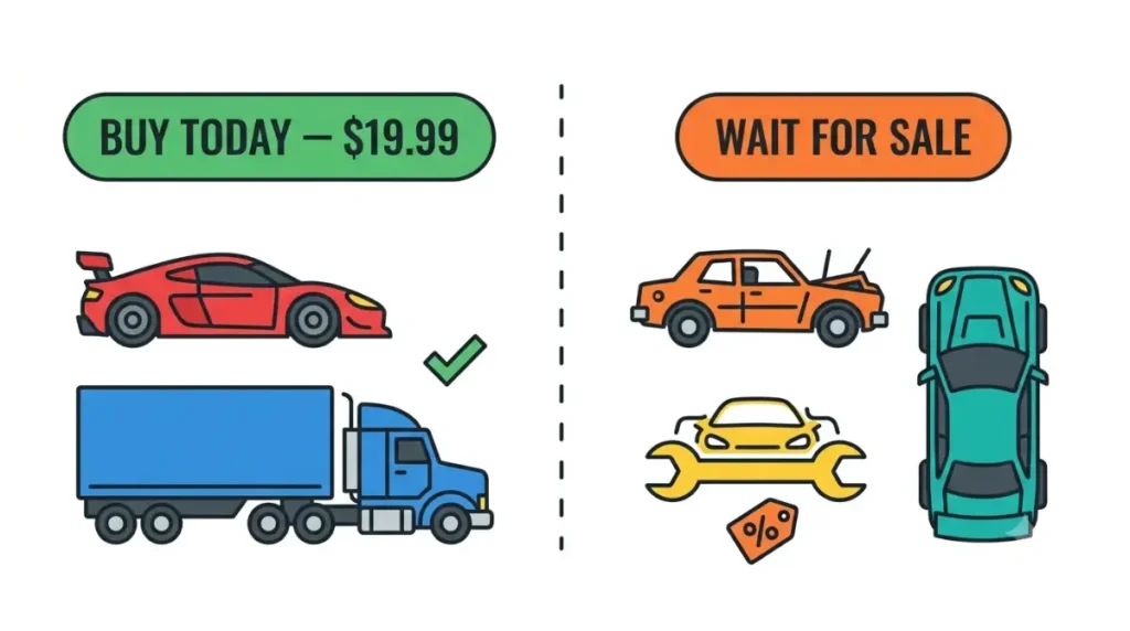 Car Games Under $20: vector illustration separating a racing car and semi-truck available to buy today from a derby car, repair wrench, and rally car that require a Steam sale
