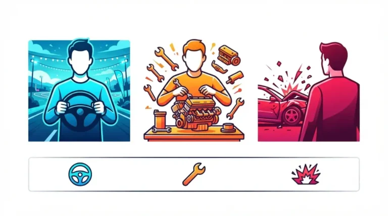 “Best Car Games categorized by player verb: driving, tuning, and wrecking – vector illustration on white background”