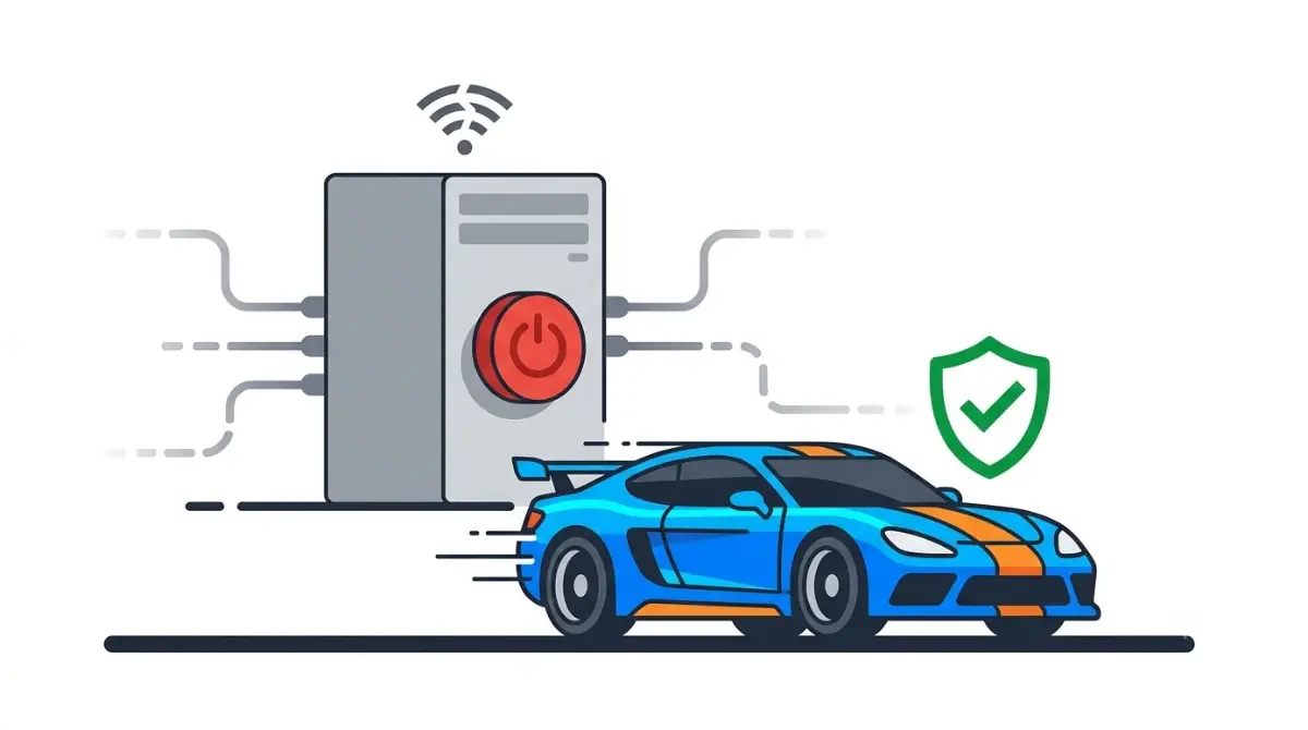 Car Games that still work after online servers shut down, flat vector illustration of a racing car continuing to drive while a game server powers off