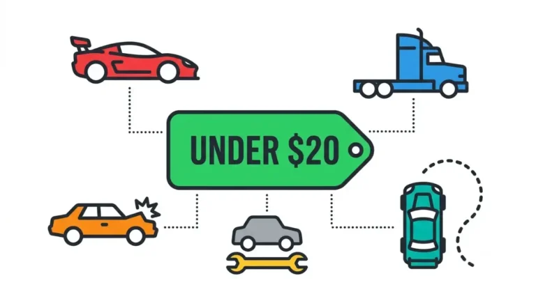 Car Games Under $20 on Steam: vector illustration showing a $20 budget tag connected to a racing car, semi-truck, demolition derby car, car repair wrench, and top-down rally car
