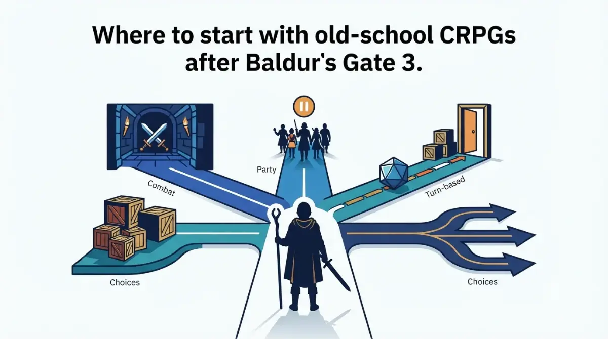 Classic CRPGs Like Baldur's Gate shown as five paths for party combat, turn-based tactics, world simulation, and branching choices