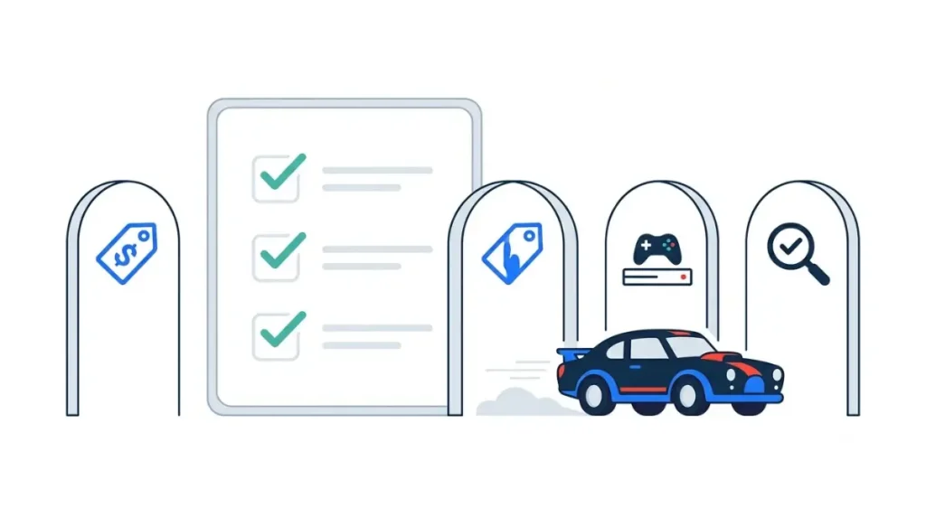 Classic Car Games on Console selection checklist vector showing games chosen for official availability, current console support, and verified pricing and ratings.