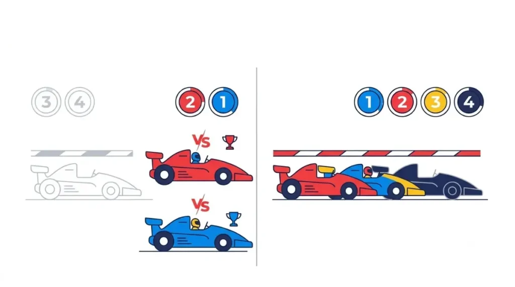 Couch Co-op Racing Games illustration comparing competitive split-screen racing with cooperative racing toward one shared goal.