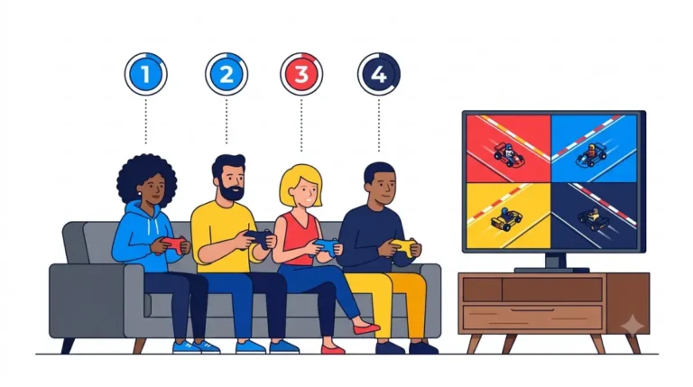 Couch Co-op Racing Games illustration showing four players sharing one TV for four-player split-screen racing.