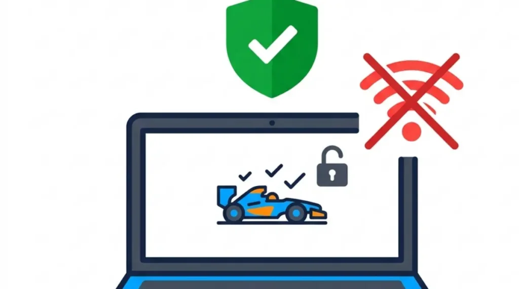 DRM-free Car Games work without internet or activation, vector illustration of a racing game launching offline on a laptop