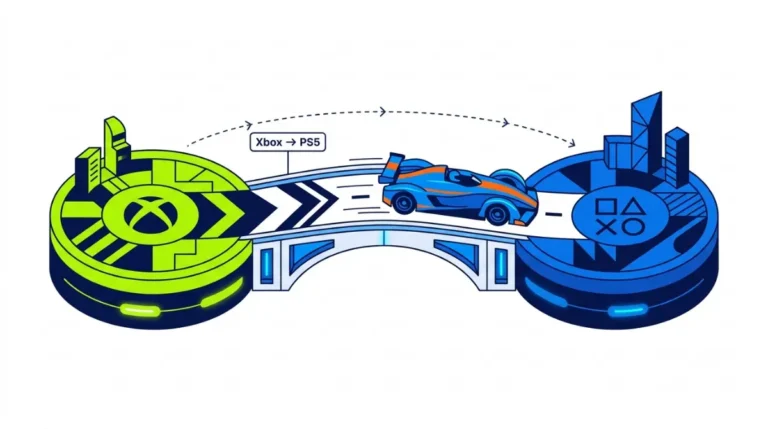 Car Games on PS5: vector illustration of a racing car crossing from an Xbox-style platform to a PlayStation-style platform.