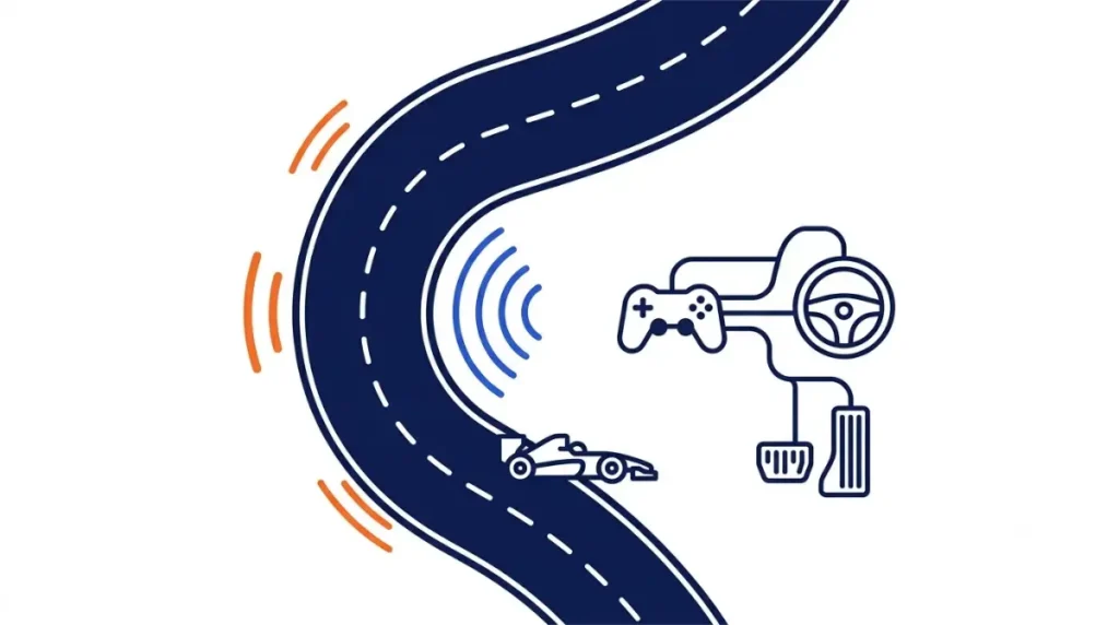 Accessible blind driving support in Forza Motorsport, illustrated with directional audio cues, edge warnings, and one-touch driving controls.