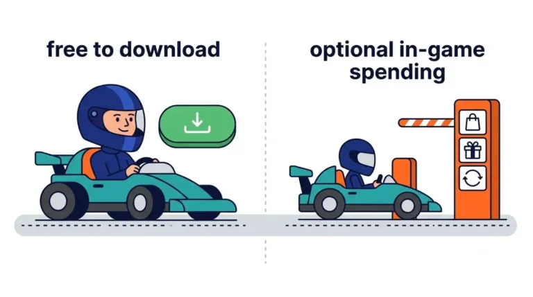 Free Car Games vector illustration showing the difference between free game downloads and optional in-game spending.