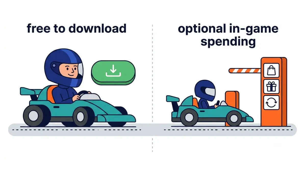 Free Car Games vector illustration showing the difference between free game downloads and optional in-game spending.