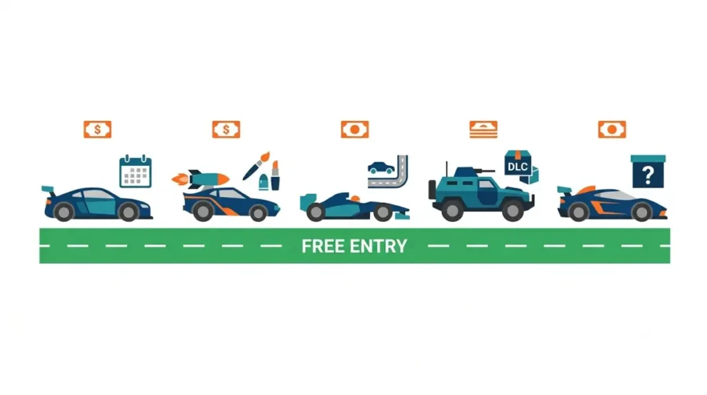 Free Car Games comparison vector infographic showing subscription, cosmetic, DLC, and random-item spending types.
