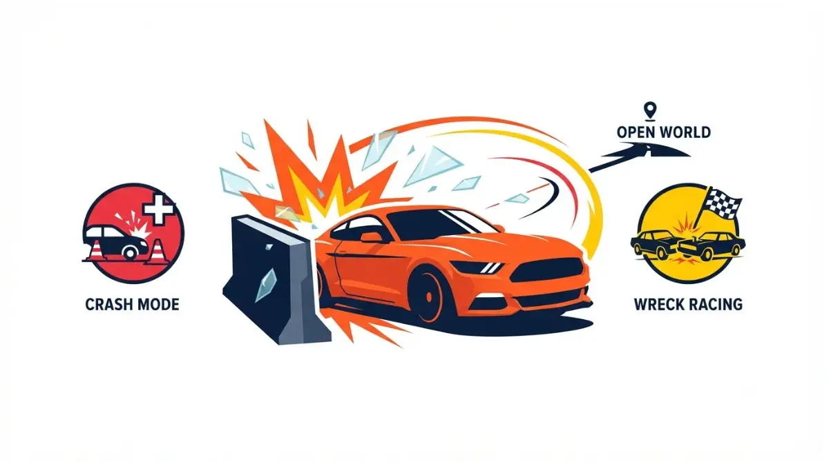 Games Like Burnout: vector guide comparing Crash Mode, wreck-focused racing, and open-world driving.