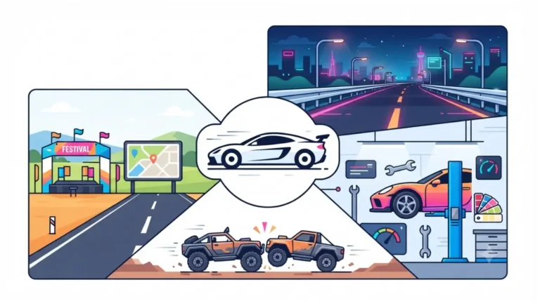 Games Like Forza Horizon illustration showing festival driving, Japan night racing, car tuning, and vehicle destruction